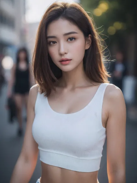 ((Realistic lighting, Best Quality, 8K, Masterpiece:1.3)), Clear focus: 1.2, 1girl, Perfect Body Beauty: 1.4, Slim Abs: 1.1, ((Dark brown hair)), (White crop top: 1.4), (Outdoor, Night: 1.1), Hot pants, shorts, tight,, Bust, Bust, City Street, Super Fine F...