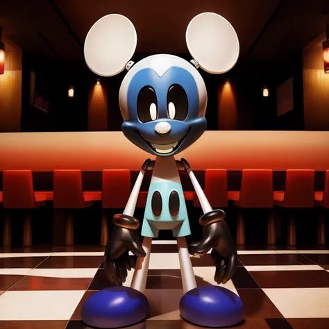 mickey mouse, black gloves, cyan tongue, black eyes with white pupils, open smile, staring at the viewer, animatronic robot, in ...