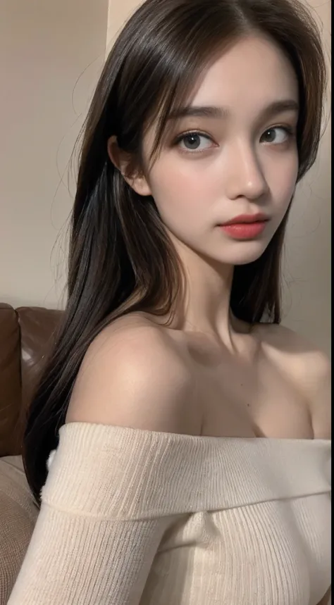 ((Night view, realistic light, best quality, 8k, masterpiece: 1.3)), 1girl, pretty woman with slim figure: 1.4, (brown hair, medium breasts: 1.3), off-the-shoulder cut top: 1.3, sofa, super detailed face, detailed eyes, double eyelids