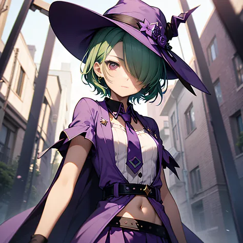 top-quality、extremely delicate and beautiful、(A teenage girl)、Purple Eye、Green hair、short-haired、(Purple pointy hat)、Purple tie、Soio、shortsleeves、Purple skirt、Purple Wizard Robe、Navel、is standing、（(Only one eye)）、（(Cuts on the face))