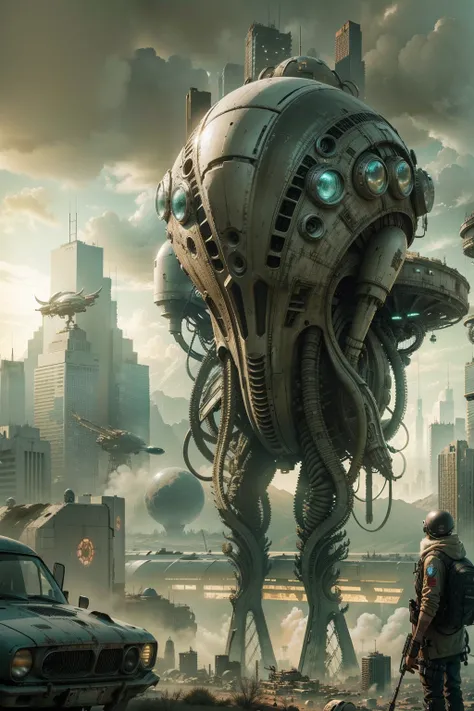 Technologically advanced and highly detailed aliens in a post-apocalyptic cityscape.