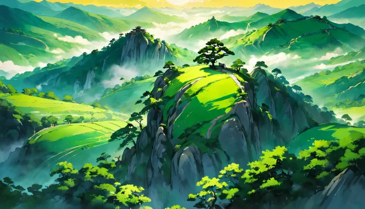 Chinese Landscape Ink Painting High Angle Perspective OC Rendered Sculpture, green trees and green hills, morning vibes with sun, 4K