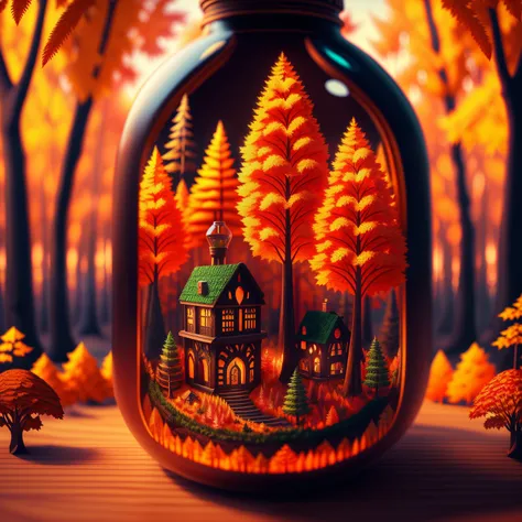 (Intricate autumn forest landscape of a mini-town, Locked in a bottle), Oliva Atmospheric Lighting, on the table, 4K UHD, Dark vibes, hyper detailed, bright colours, Forest background, epic composition, Octane Render, sharp-focus, Isometric high resolution