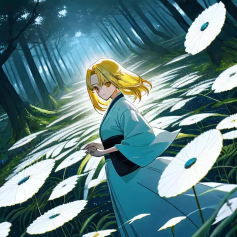 In a circle of white gardens，A beautiful and beautiful maiden，Yellow hair，facing to audience，The viewing angle is slightly oblique，Wearing clean white clothes，There is a dark shirt forest with a scenic show，8k，Japanese manga style