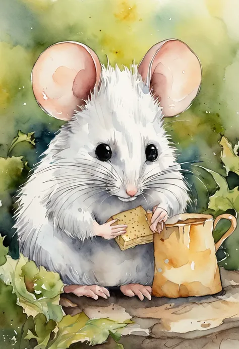 Small mouse，adolable，Shaggy，comic strip，White hair, cheese, Fairytale house, Detailed picture。