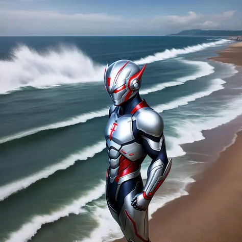 Red-silver，s Ultraman，Stand on the earth，Facing the sea。Back。Cross your hands at the waist。