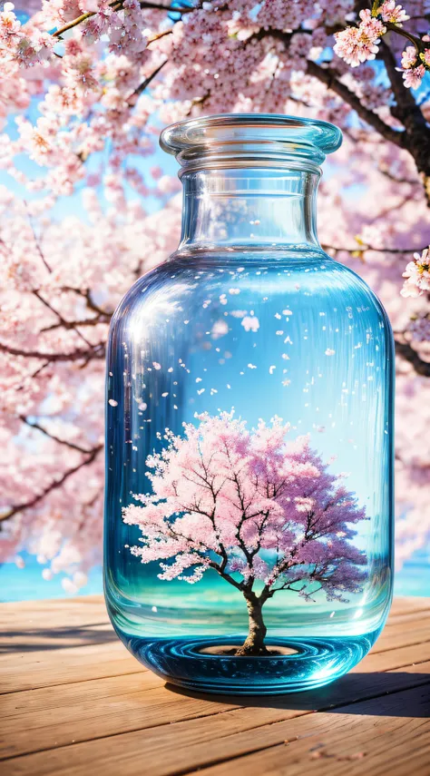 Cherry blossom tree in a bottle, Fluffy, Realistic, depth of fields，Atmospheric light refraction, nikon d850 film stock photograph 4 kodak portra 400 camera f1.6 Shots rich colors Ultra-realistic realistic textures Dramatic lighting Trends on Unreal Engine...