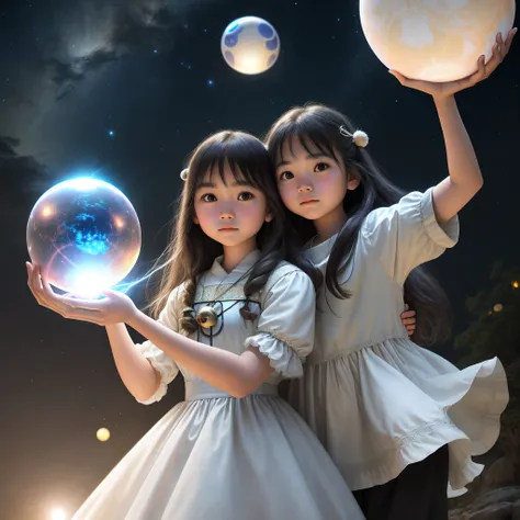 Realistic photo of a human girl standing with a ball of light, A girl holding a sphere, holding a glowing sphere, Glowing ball of light, glowing sphere, glowing sphere, Magical light, Shine with magic, Soft light outdoors, Ball of light for the eye, Soft m...