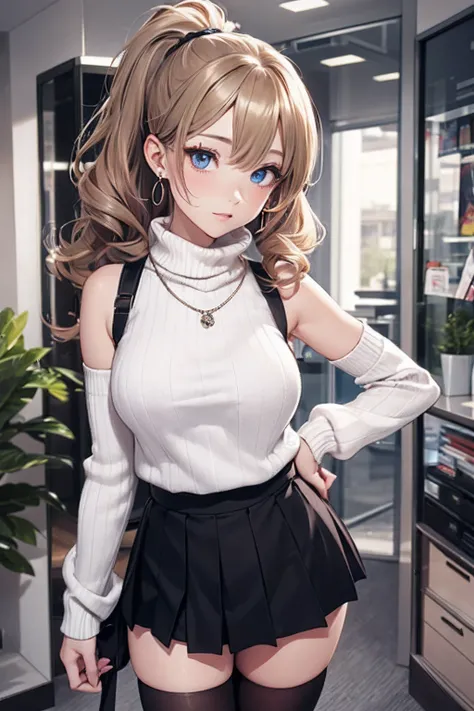 fullbody image, (a Innocent and cute girl:1.3), (Wearing sleeveless turtleneck sweater: 1.2), (Pleated mini skirt of white colors:1.2), (Thin black tights), ((zettairyouiki:1.3)), (high-ponytail Hairstyle, Dark blond hair, Wavy Hair), medium large breasts,...