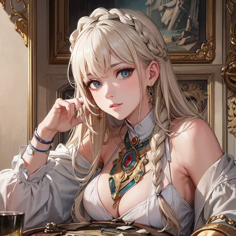 ​masterpiece、top-quality、hight resolution、High-quality images、8K、１maidennurse、detaileds、the detail、Detailed eye depiction、skin gloss、shinny hair、platinum-blonde、Long braided hair、Soft hair、anastasia、portlate、ruins、Excavated items、Archeologist、Ancient chara...