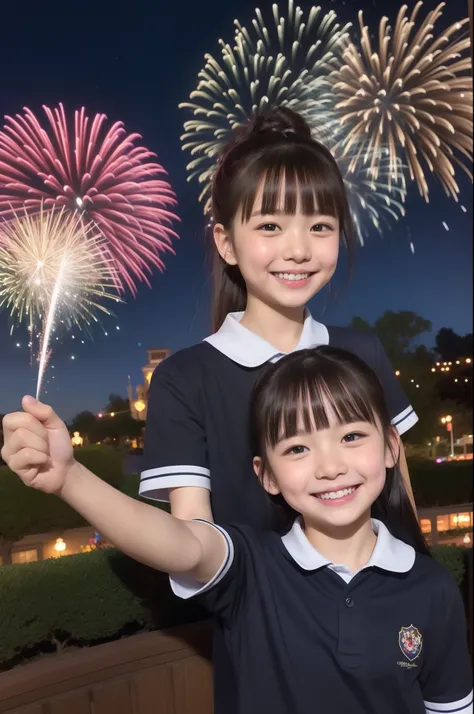 A smile、hi-school girl、校服、shortsleeves、Disney land、While doing fireworks