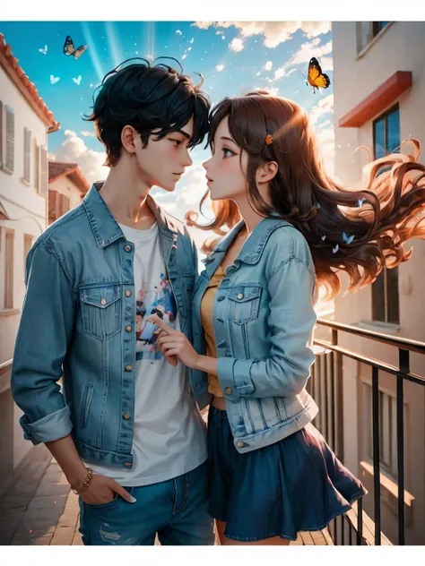 two couple anime, boy & girl they are falling love, cute girl, beautiful face, inner t-shirt, denim jacket, several color flying butterfly, daylight, blue sky, on the balcony, 4k, realistic quality, border frame, dynamic anime , dynamic image, high quality...