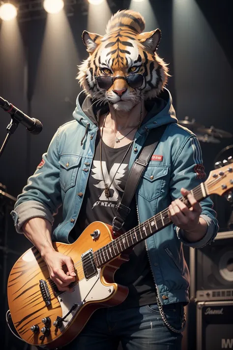 Cartoon tiger wearing jacket，Wearing sunglasses，holding guitars，Cool stage background，top-quality， single focal， 复杂 （the detail： 1.1） unreal-engine，tmasterpiece， （ultra-detailliert），