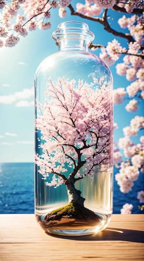 Cherry blossom tree in a bottle, Fluffy, Realistic, depth of fields，Atmospheric light refraction, nikon d850 film stock photograph 4 kodak portra 400 camera f1.6 Shots rich colors Ultra-realistic realistic textures Dramatic lighting Trends on Unreal Engine...