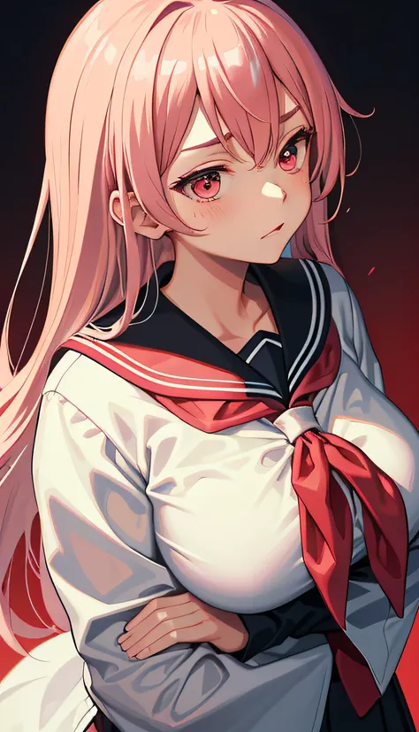 1个Giant Breast Girl，Look away slightly，Be red in the face，is shy，Mouth closed，Mouth bites the head rope，Vivid expressions，Japanese high school uniform，Squart-drenched uniforms，serafuku，Sheer bra，Pink hair，long whitr hair，Simple and clean background