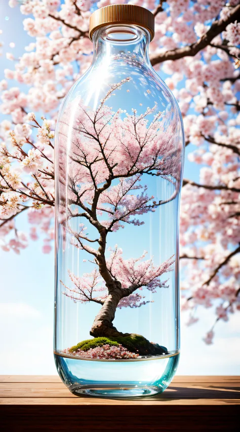 Cherry blossom tree in a bottle, Fluffy, Realistic, depth of fields，Atmospheric light refraction, nikon d850 film stock photograph 4 kodak portra 400 camera f1.6 Shots rich colors Ultra-realistic realistic textures Dramatic lighting Trends on Unreal Engine...