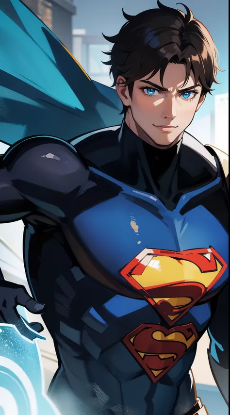 Young guy, short brown hair, Cyan eyes, brawn, Black Superman Costume, ssmile, Masterpiece, hiquality