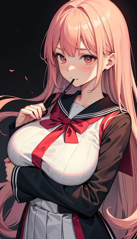 1个Giant Breast Girl，Look away slightly，Be red in the face，is shy，Mouth closed，Mouth bites the head rope，Vivid expressions，Japanese high school uniform，Drenched uniform，serafuku，Sheer bra，Pink hair，long whitr hair，Light background