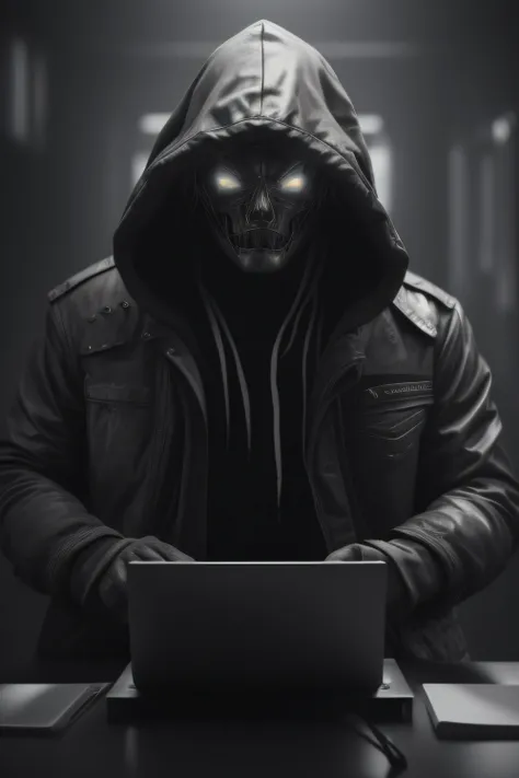 Hero with gray hood with a dark face and gray eyes thunder Design a character who is a little scary Hacker, Badass👑, fundo neon preto e cinza, Epic lighting, Photography Lighting, reflection mapping, ultra detalhado, fotorrealista, cinemactic, movie qualit...