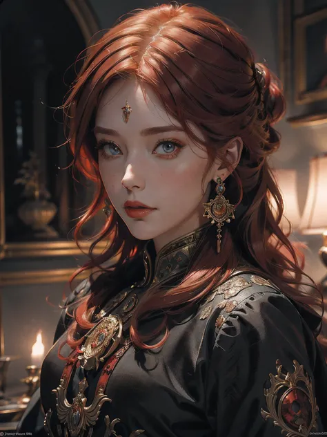 Portrait of a red-haired female royal woman，Wear a few pieces of clothing, Ultra photo realsisim, concept-art, Intricate details, eerie, Highly detailed, Photorealistic, rendering by octane, 8 k, illusory engine. art by artgerm and greg rutkowski and alpho...