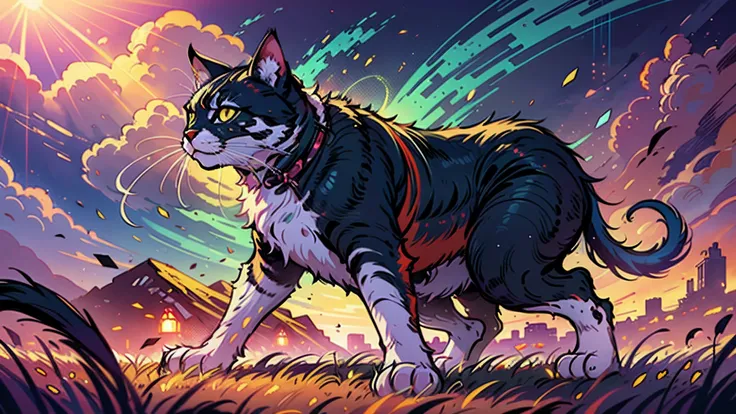 A mesmerizing 8K digital illustration showcasing a cats kung fu prowess in a field during a stunning sunset. This masterpiece, designed by the talented artist Greg Rutkowski, employs rainbow colors, dynamic lighting, and psychedelic effects to create an ae...