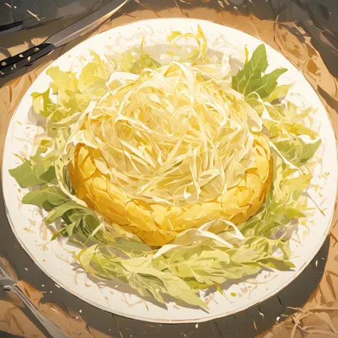 (White background:1.4),(A plate of sauerkraut，Yellow and white，Filamentous，vegetable foliage，Laotan sauerkraut，Northeast sauerkraut)，(Chinese illustration:1.3，paper art:1.3, Quilted paper art:1.2),( reasonable design, Clear lines, High sharpness,Best quali...