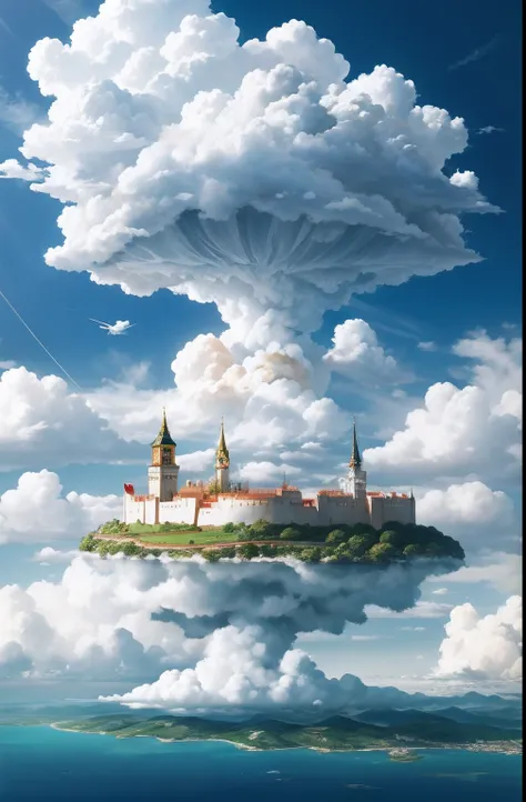 Floating among cumulonimbus clouds、A floating island with a European-style citadel。View from the same altitude。