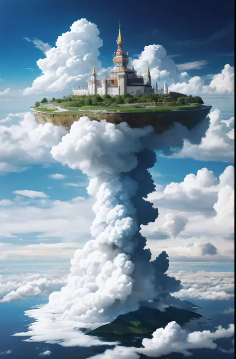 Floating among cumulonimbus clouds、A floating island with a European-style citadel。View from the same altitude。