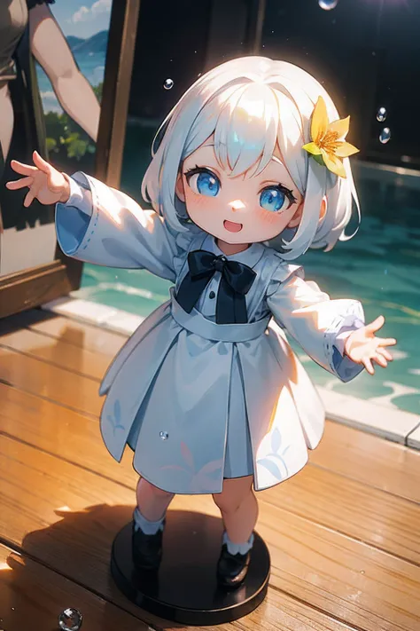 photoRealstic、Doll standing in front of the painting、swim wears、laugh face、Water droplets on the cheeks、Take an outstretched pose、Sengai、pixiv、rokoko、dollfie dream、watercolor Nendoroid、(High Definition Figure)、Flowing iridescent silk、nendroid、up of face、Th...