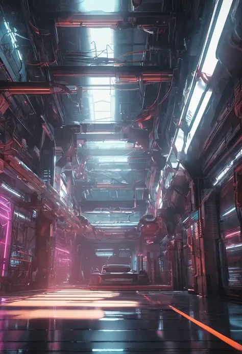 Sci-fi Ghost in the Shell，Akira，Interior of a cyberpunk style building，Lots of cable ducts，Light shines through the windows in the technological shadows on the floor。