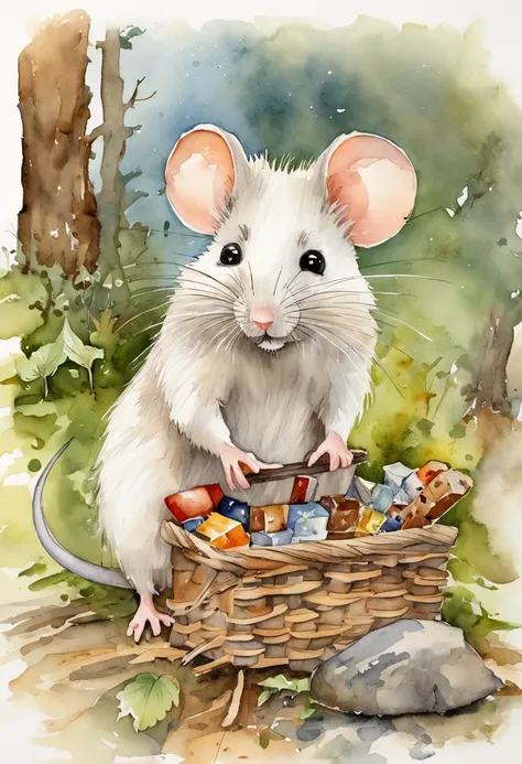 Small mouse，adolable，shaggy，comic strip，White hair, Cheese, Fairy tale house, Detailed picture。