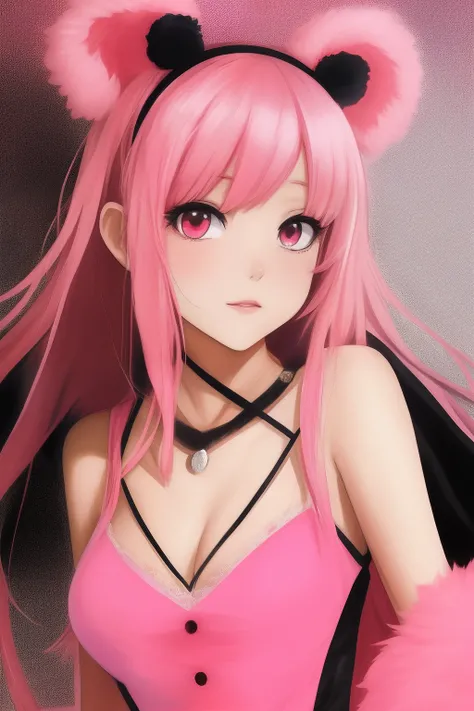 anime girl with long pink hair, pink dress with black balls, pink eyes, and pink bear ears