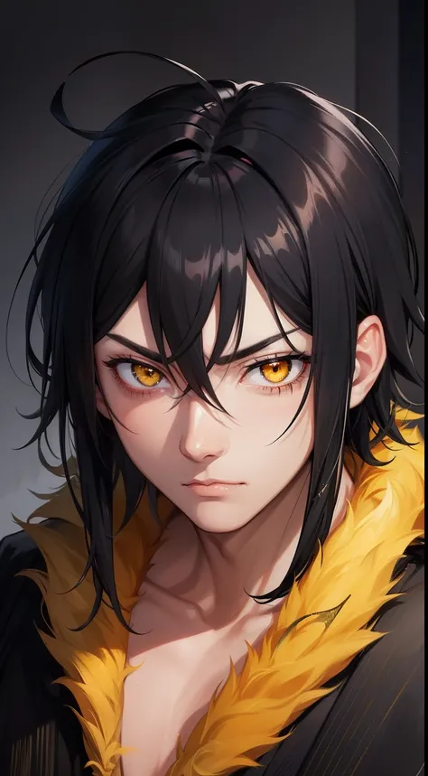 Highest details  adult Male with pure messy black  hair, yellow eyes, wearing traditional kinono,  Magic glowing eyes, serious look, gang meber, sharp eyes, tired, sick