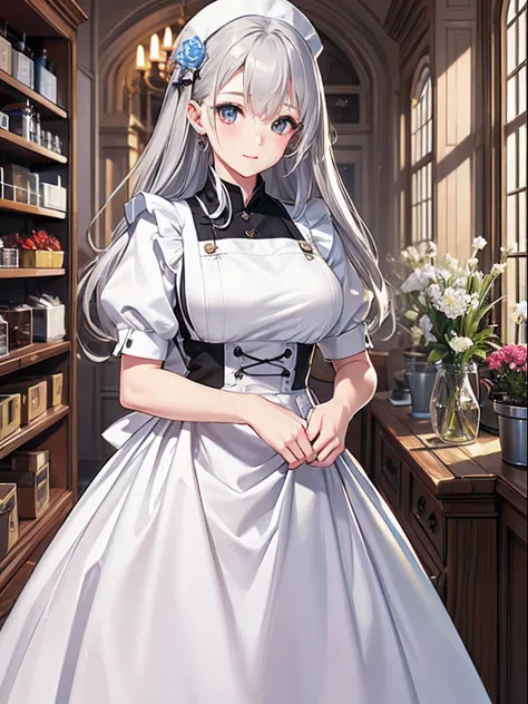 ​masterpiece、top-quality、hight resolution、High-quality images、8K、１maidennurse、detaileds、Detailed eye depiction、skin gloss、shinny hair、colourfull、long white-silver hair、Soft hair、Nomiya、portlate、Flower shop、Long apron、active