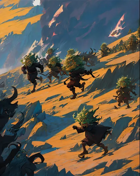 Floresta densa, with an army of goblins located at the bottom of a mountain and the protagonist in the center running emanating a black aura