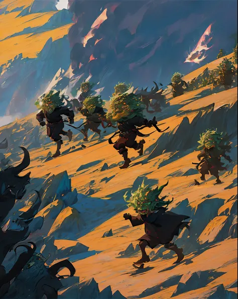 Floresta densa, with an army of goblins located at the bottom of a mountain and the protagonist in the center running emanating a black aura