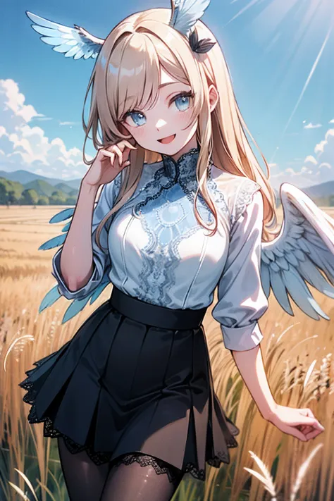 (Ultra-detailed:1.3), (Illustration:1.2), (disheveled hair, Beautiful detailed eyes:1.1), (High resolution),
(Solo), (1womanl), Happy, Cheerful smile, Laughing, (((flat breast))), Looking at Viewer, Hand up,
valkyrie, 25 years old, platinum-blonde long hai...