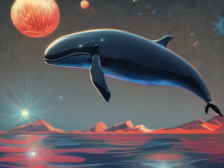 There are whale floating in the water, Sparkling whale, Space whale, Flying whale, (Tartan check whale:1.6), 8k Wallpaper, Hi-resolution, ULTRA details,