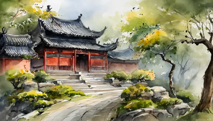 In a quaint Han Dynasty style temple，There are numerous buildings，The courtyard is covered with moss，There are many ancient trees outside the temple，fallen leaves on the steps，There was a light rain in the sky，no sun