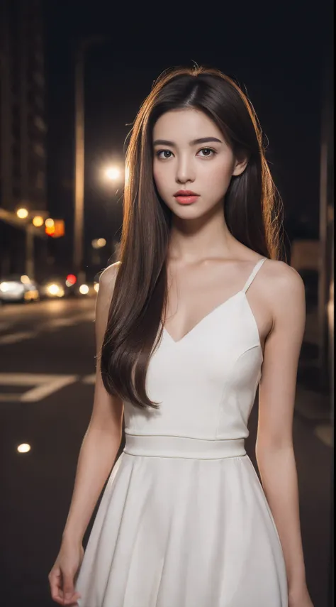 ((Realistic lighting, Best quality, 8K, Masterpiece: 1.3)), Focus: 1.2, 1girl, Perfect Figure: 1.4, Slim Abs: 1.1, ((Dark brown hair)), (White dress: 1.4), (Outdoor, Night: 1.1), City streets, Super fine face, Fine eyes, Double eyelids,