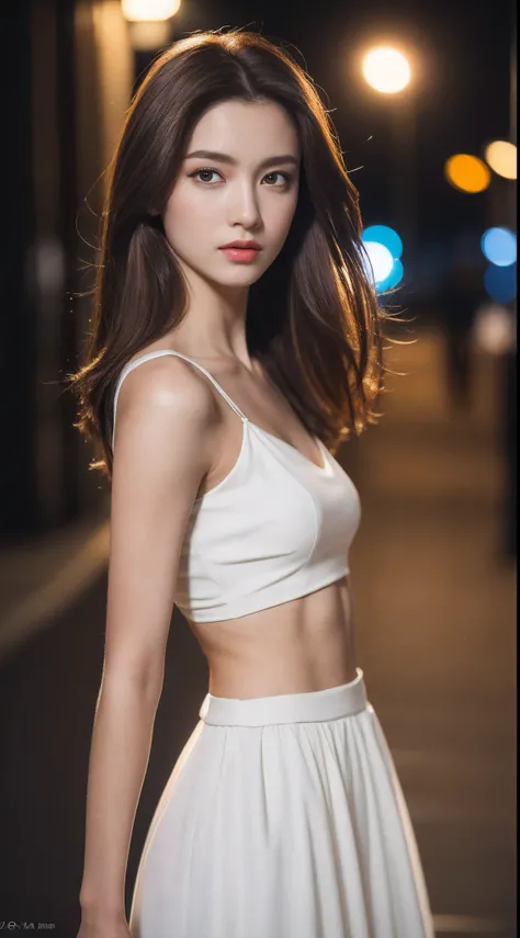 ((Realistic lighting, Best quality, 8K, Masterpiece: 1.3)), Focus: 1.2, 1girl, Perfect Figure: 1.4, Slim Abs: 1.1, ((Dark brown hair)), (White dress: 1.4), (Outdoor, Night: 1.1), City streets, Super fine face, Fine eyes, Double eyelids,