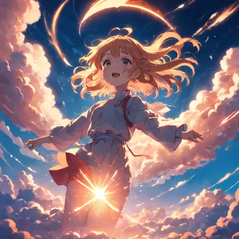 masterpiece, best quality, movie still, 1girl, cloud girl, floating in the sky, close-up, bright, happy, warm soft lighting, sunset, (sparks:0.7)