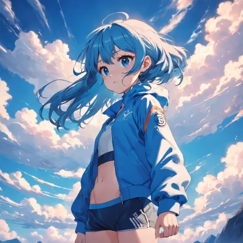 Blue sky，Girl in sportswear in blue and white