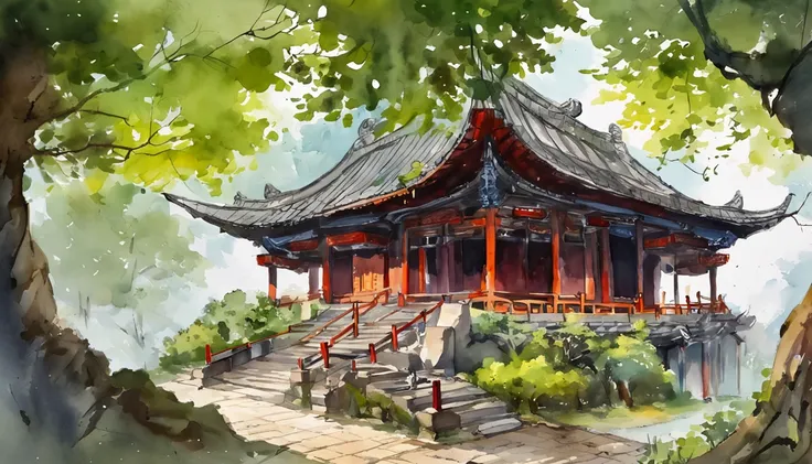 In a quaint Han Dynasty style temple，There are numerous buildings，The courtyard is covered with moss，There are many ancient trees outside the temple，allen leaves on the steps，There was a light rain in the sky，no sun