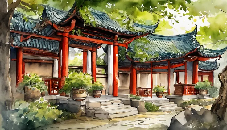 In a quaint Han Dynasty style temple，There are numerous buildings，The courtyard is covered with moss，There are many ancient trees outside the temple，allen leaves on the steps，There was a light rain in the sky，no sun