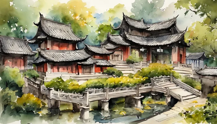 In a quaint Han Dynasty style temple，There are numerous buildings，The courtyard is covered with moss，There are many ancient trees outside the temple，allen leaves on the steps，There was a light rain in the sky，no sun