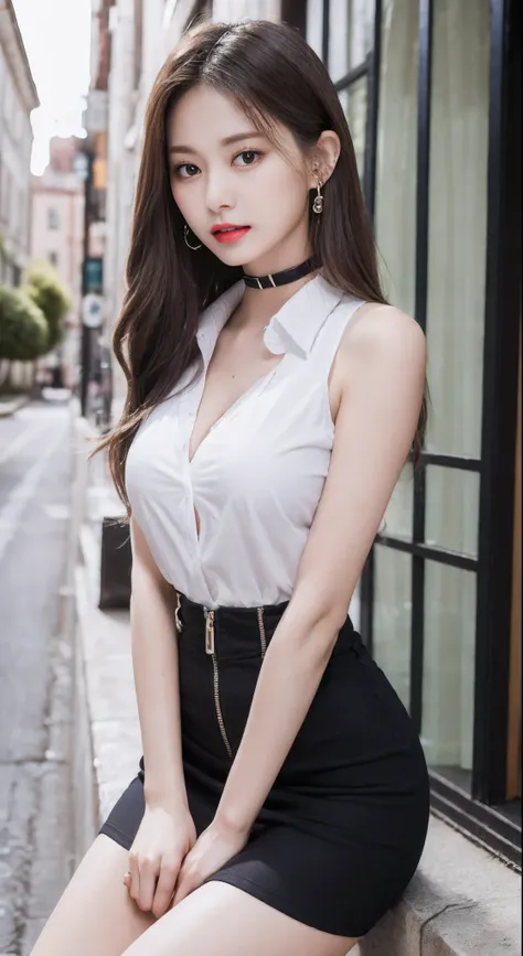 (Best Quality, 8K, masutepiece, Ultra HD: 1.3), 1girl in, small tits ,light brown hair, Blunt bangs, hair behind ear, hair over shoulder, Long hair,  slender body shape, Ultra Fine Face, Delicate lips, Beautiful eyes, Double eyelids, lipsticks, thin blush ...