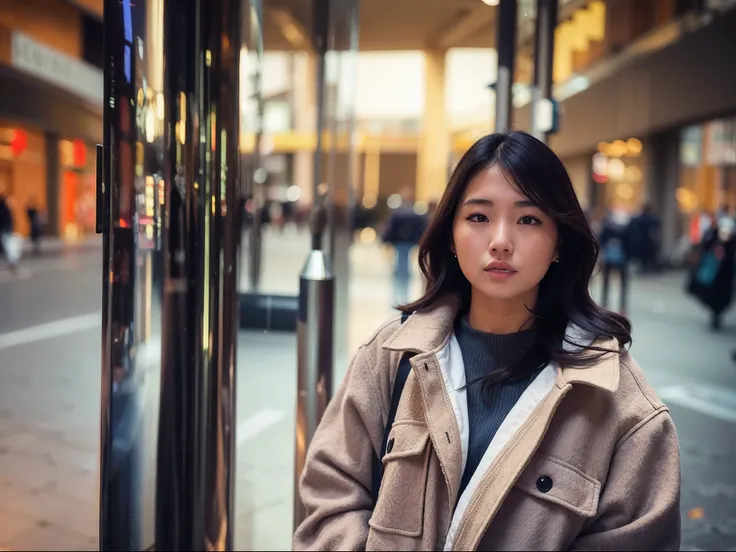 Alafe woman standing in front of a glass door in the city, a young asian woman, Beautiful young Korean woman, Young Asian Woman, Korean Woman, Gorgeous young Korean woman, 60mm portrait, beautiful Korean women, shot on leica sl2, 50mm portrait, 7 0 mm port...