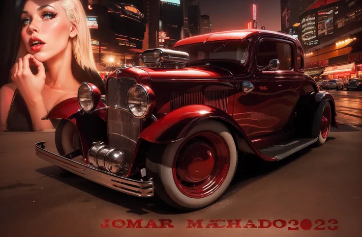 Um Ford 1932 Hot Rod VERMELHO em foreground, behind the car a close-up of a beautiful woman smearing red lipstick on her lips and in the background a city all lit up with multicolored neon lights