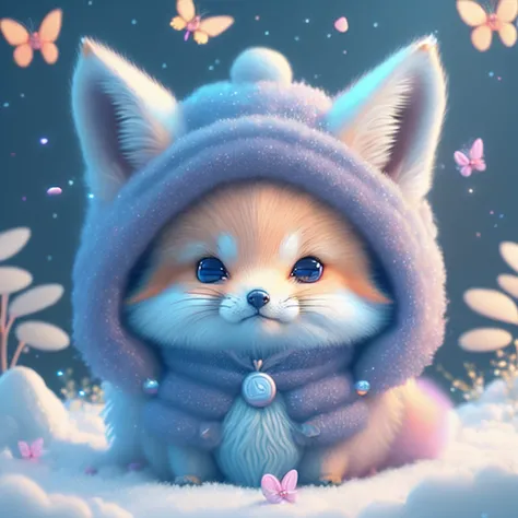 In this ultra-detailed CG art，Cute fox surrounded by butterflies，Soft neon colors，best qualtiy，hight resolution，intricate-detail，Fanciful，cute animal　Nine-tailed fox　９Hontail